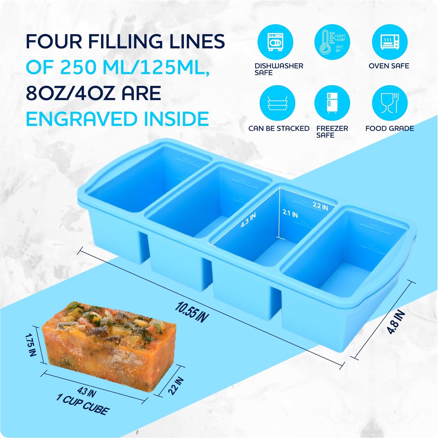 ZIP STANDING Silicone Freezer Trays with Lid,1-cup Soup Freezer Container large Ice Cube Molds with Reinforced Steel Ring Top for freezing Soup Sauce Broth Leftovers oven Dishwasher -Safe(2-Pack)