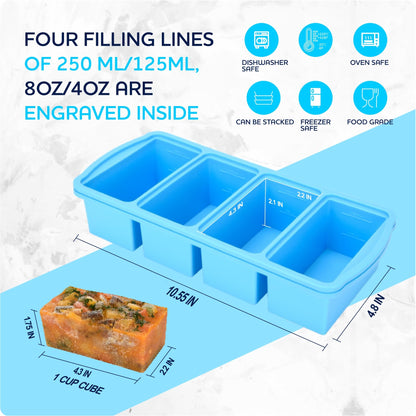 ZIP STANDING Silicone Freezer Trays with Lid,1-cup Soup Freezer Container large Ice Cube Molds with Reinforced Steel Ring Top for freezing Soup Sauce Broth Leftovers oven Dishwasher -Safe(2-Pack)