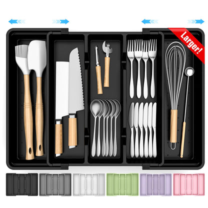 StackHelper Large Silverware Organizer, Expandable Utensil Drawer Organizer for Kitchen Drawers, Kitchen Drawer Organizer for Spoons/Forks/Knives, Multipurpose & BPA Free Cutlery Tray, Black, 1 Pack