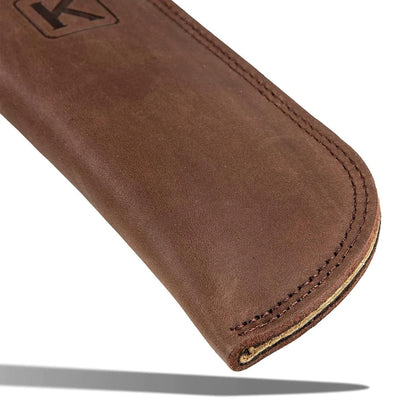 Knapp Made Bourbon Brown 5.5” Extra Thick Leather cast Iron Skillet Handle Covers - Pot Handle Covers, Double Layered Double Stitched, Slides On and Off Easily onto Metal Skillet Grips.