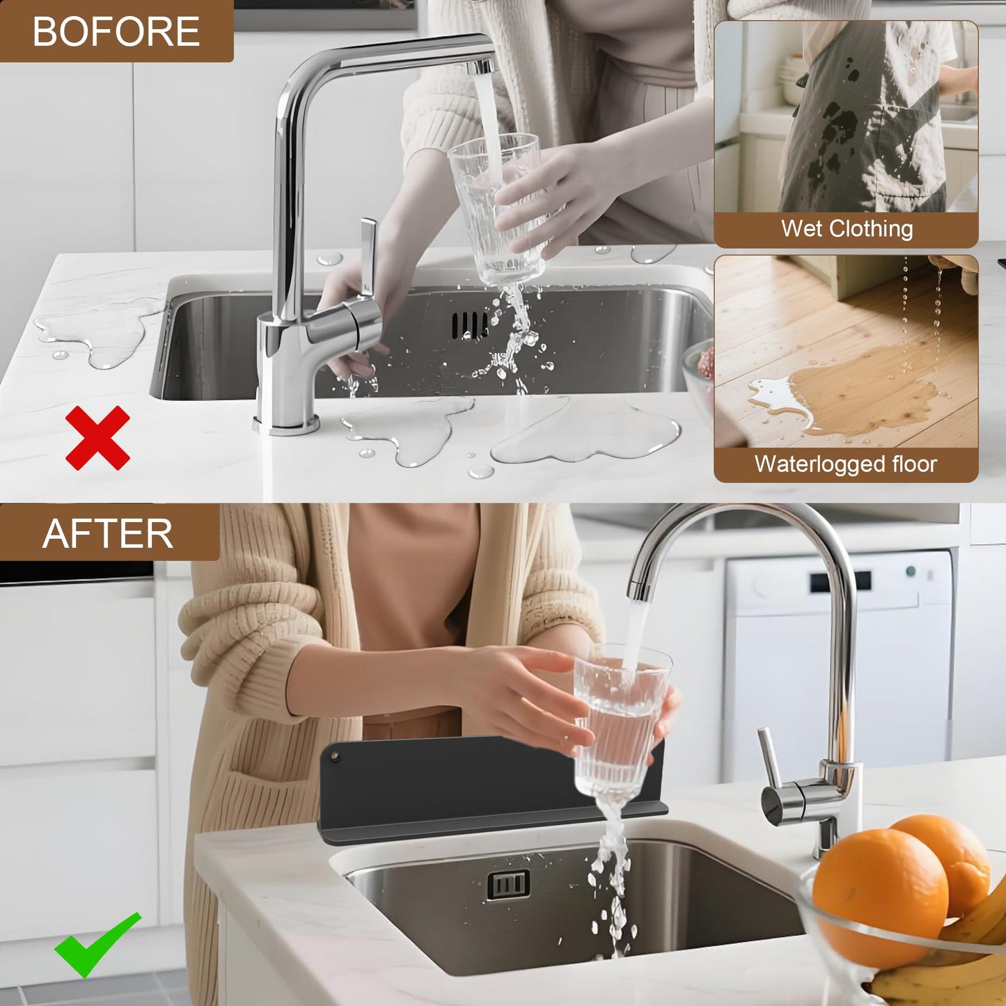 Silicone Sink Splash Guard, Sink Splash Guard with Suction Cup, Kitchen Sink Splash Guard that Can Be Placed Behind the Sink, Sink Splash Guard(17.3 x 4.1 Inch Black)