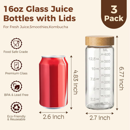 HomArtist 16oz Round Glass Juice Bottles with Lids, 3 Pack Reusable Juice Containers with Bamboo Lids, Glass Juicing jars for Drinking Tea, Kombucha, Smoothie, Milk