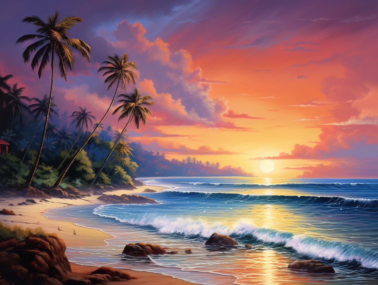 eovv Tropical Beach Sunset Square Diamond Painting Kit, 5D DIY Full Drill Crystal Art Craft, 16 x 12 inches