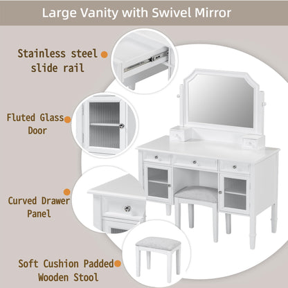 Merax Makeup Vanity Desk with Large Adjustable Mirror & Stool, Minimalist Dressing Table Set with 5 Drawers & 2 Cabinets, Space-Saving Beauty Station for Bedroom Salon Barber Store, White