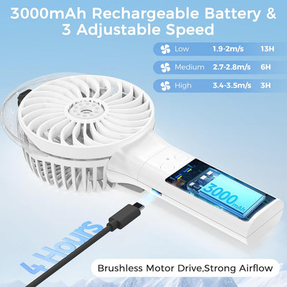 COMLIFE Portable Handheld Misting Fan, 3000mAh Rechargeable Battery Operated Spray Water Mist Fan for Travel