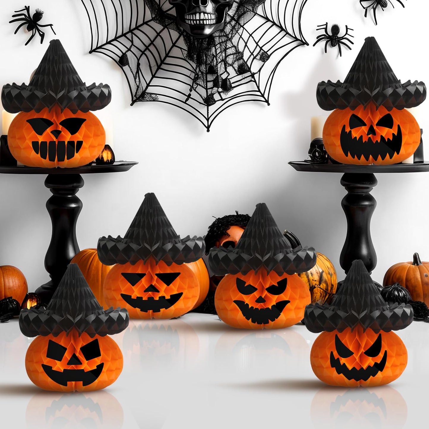 Fourluoo 6 Pcs Large Halloween Pumpkin Witch Hat Honeycomb Centerpieces 9.84 x 11 Inch Thanksgiving Paper Honeycomb Decorations 3D Table Decor for Fall Tailgate Party