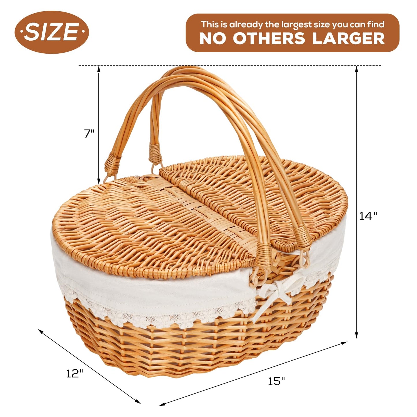 Wicker Picnic Basket with Removable Liner, Empty Picnic Baskets with Lid, Vintage-Style Picnic Hamper with Folding Woven Handle for Picnic, Camping, Outdoor, Halloween, Thanks Giving, Birthday (Cream)