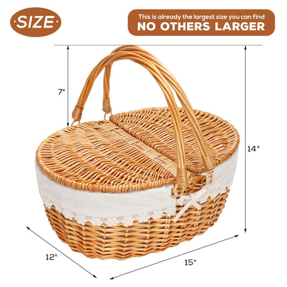 Wicker Picnic Basket with Removable Liner, Empty Picnic Baskets with Lid, Vintage-Style Picnic Hamper with Folding Woven Handle for Picnic, Camping, Outdoor, Halloween, Thanks Giving, Birthday (Cream)