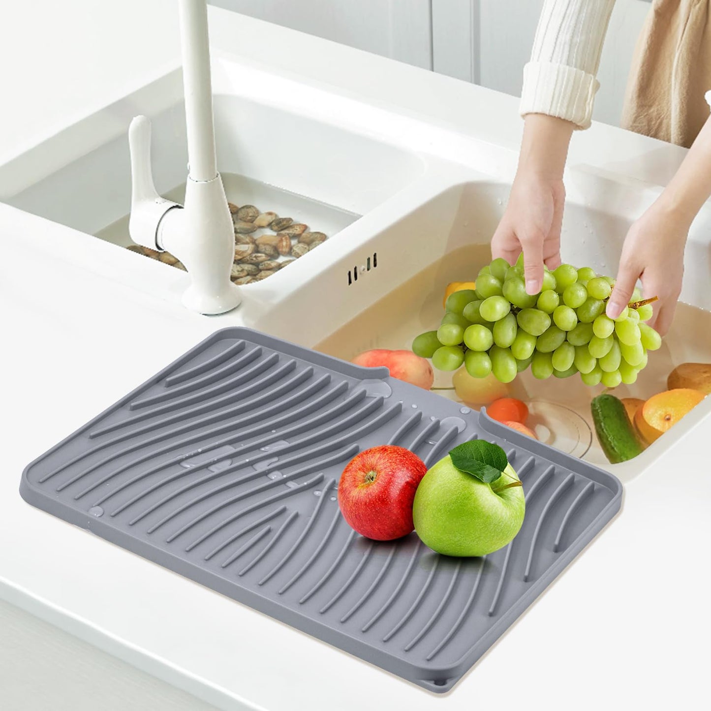 TIKNIK Silicone Dish Drying Mat, Stone Drying Mat for Kitchen Counter with Built-In Drain, Non-Slip Drain Pad with Built-in Drain, Heat Resistant Stone Drying Mat, Hangable, Grey-1pcs, 16" x 12"