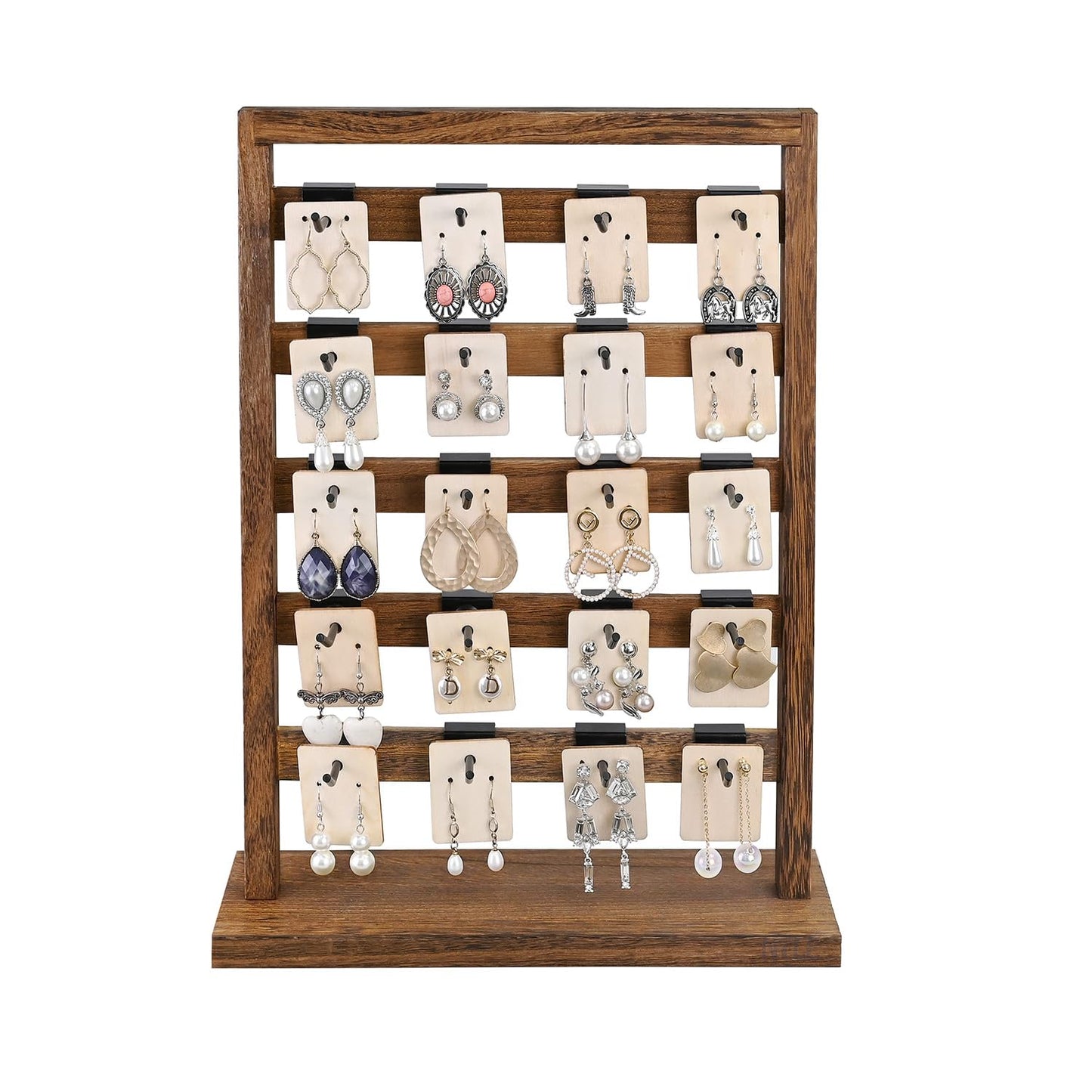 Ikee Design 5 Tiers Free Assemble Wooden Jewelry Display Rack with 20 Removable Metal Hooks,Earring Card Display Stand,Jewelry Organizer,Bracelet Organizer,Keychain Display Stand,Brown Color