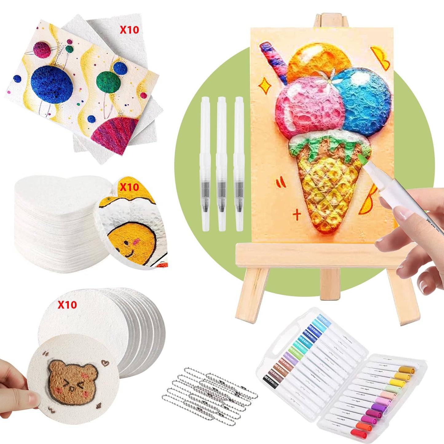 Wanbeiooray 44 Pcs Magic 3D Foam Art Kit with Including 24 Color Acrylic Paint Pens, 30 Foam Texture Paper, 10 Beaded Chains and 1 Mini Display Easel