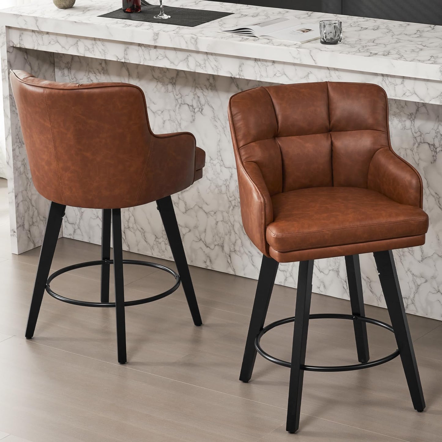 SAECKBERG 360°Swivel Counter Height Bar Stools with Back, 26 inch Solid Wood Legs, Bar Stool Modern Kitchen Island Chairs, Faux Leather (Brown- Faux Leather, 26" H- Set of 2)