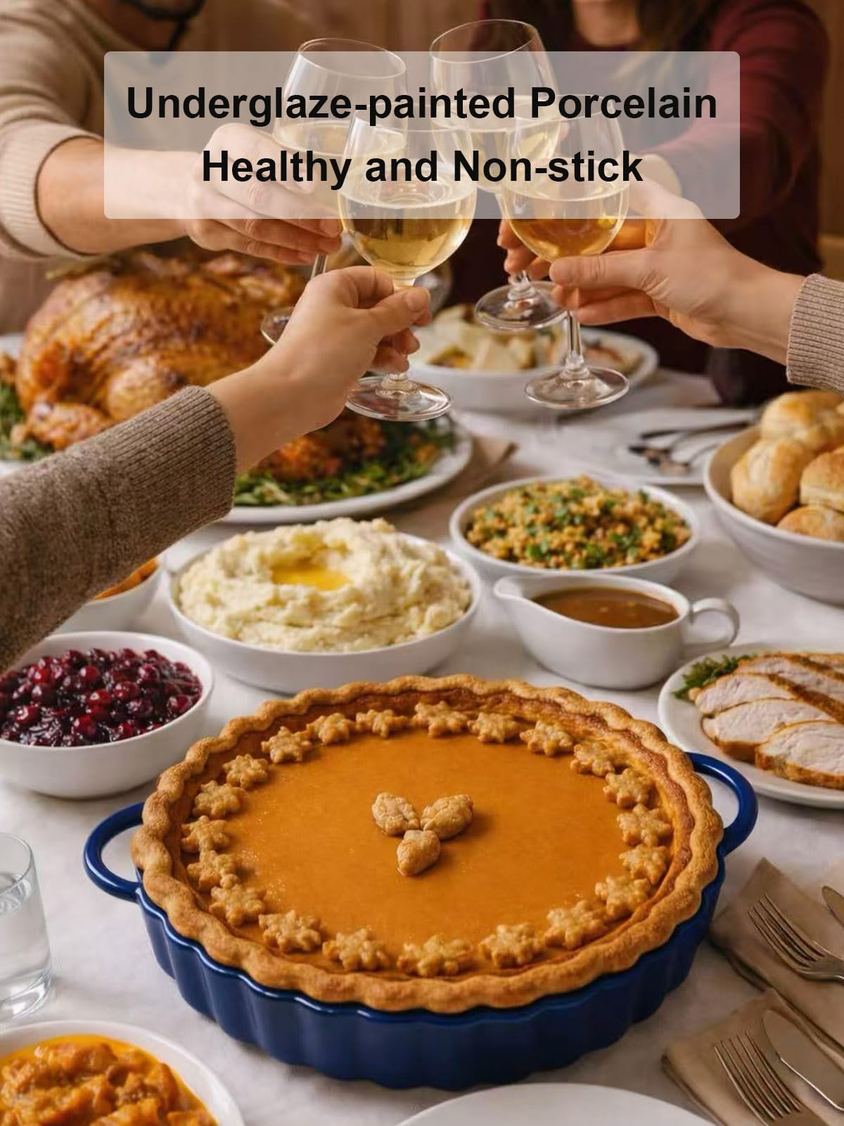 Yamteck 10×2in Deep Ceramic Pie Pan with Handles for Pie Quiche Tart Baking. Easy to grip, Lead-Free. Casserole Lasagna Dish for Thanksgiving Christmas Gift. Oven Microwave Dishwasher Safe. Blue