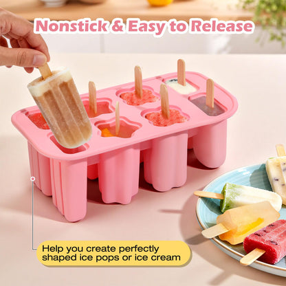 Firstfooby Popsicles Molds, 8-Cavity Silicone Popsicle Molds with 50 Sticks, BPA-Free Ice Pop Mold Popsicle Maker with Funnel & Cleaning Brush for Kids Adult Teens