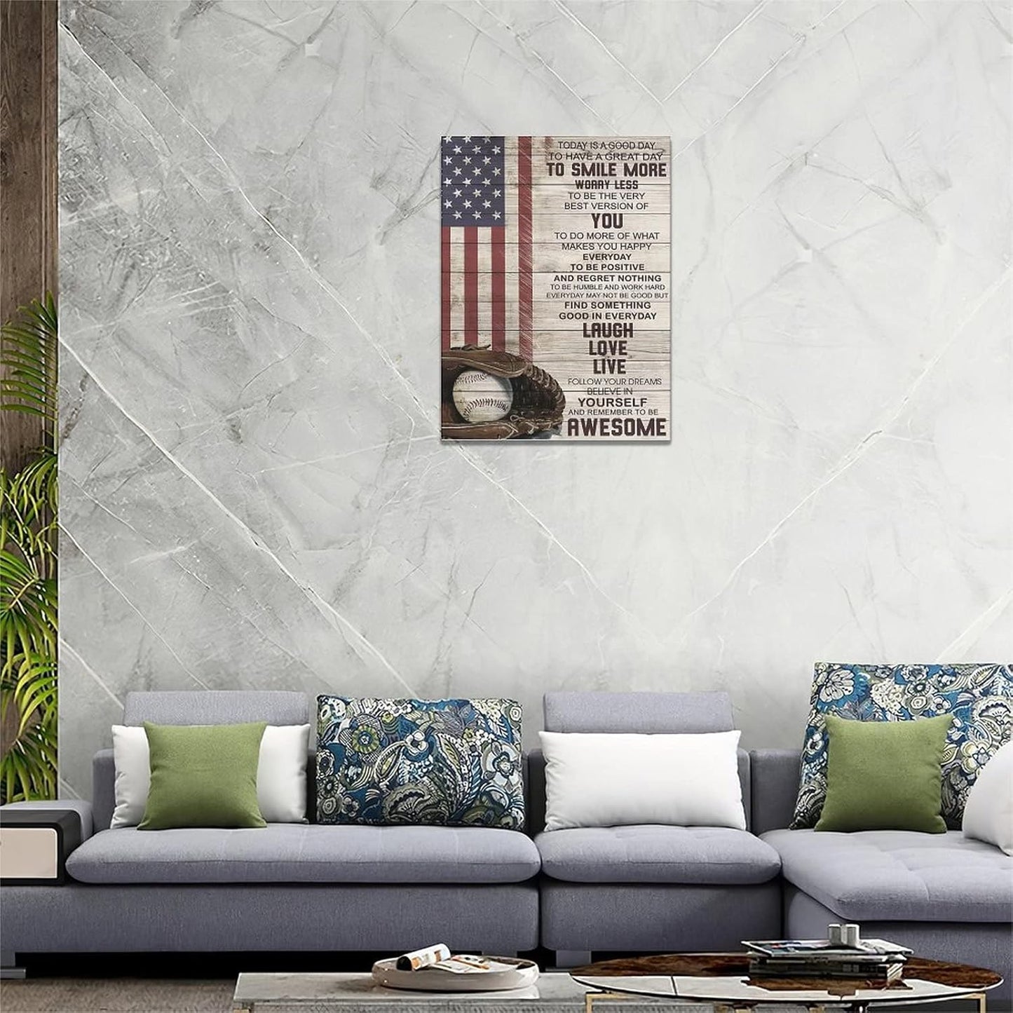 Inspirational Baseball Wall Art - Sport Theme Canvas Prints with American Flag, Motivational Quotes for Home Decor