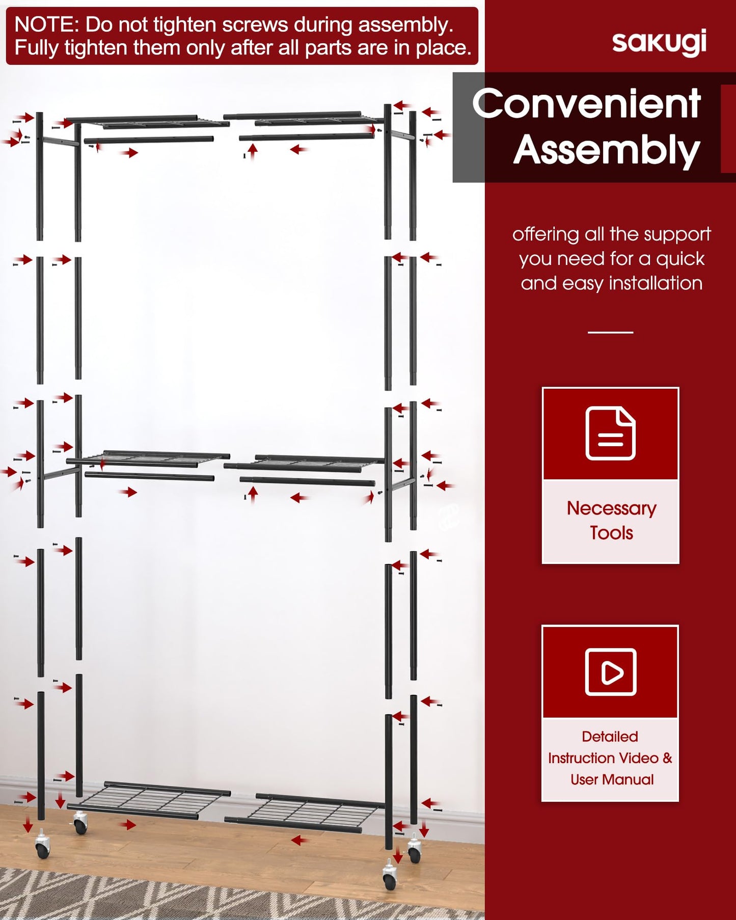 Sakugi Clothes Rack - 33.0" x 12.2" x 79.5" Clothing Rack with Shelves & Wheels, Multi-Functional Wardrobe Closet with Hooks, Sturdy Metal Garment Rack for Bedroom, Laundry, Balcony (Black)