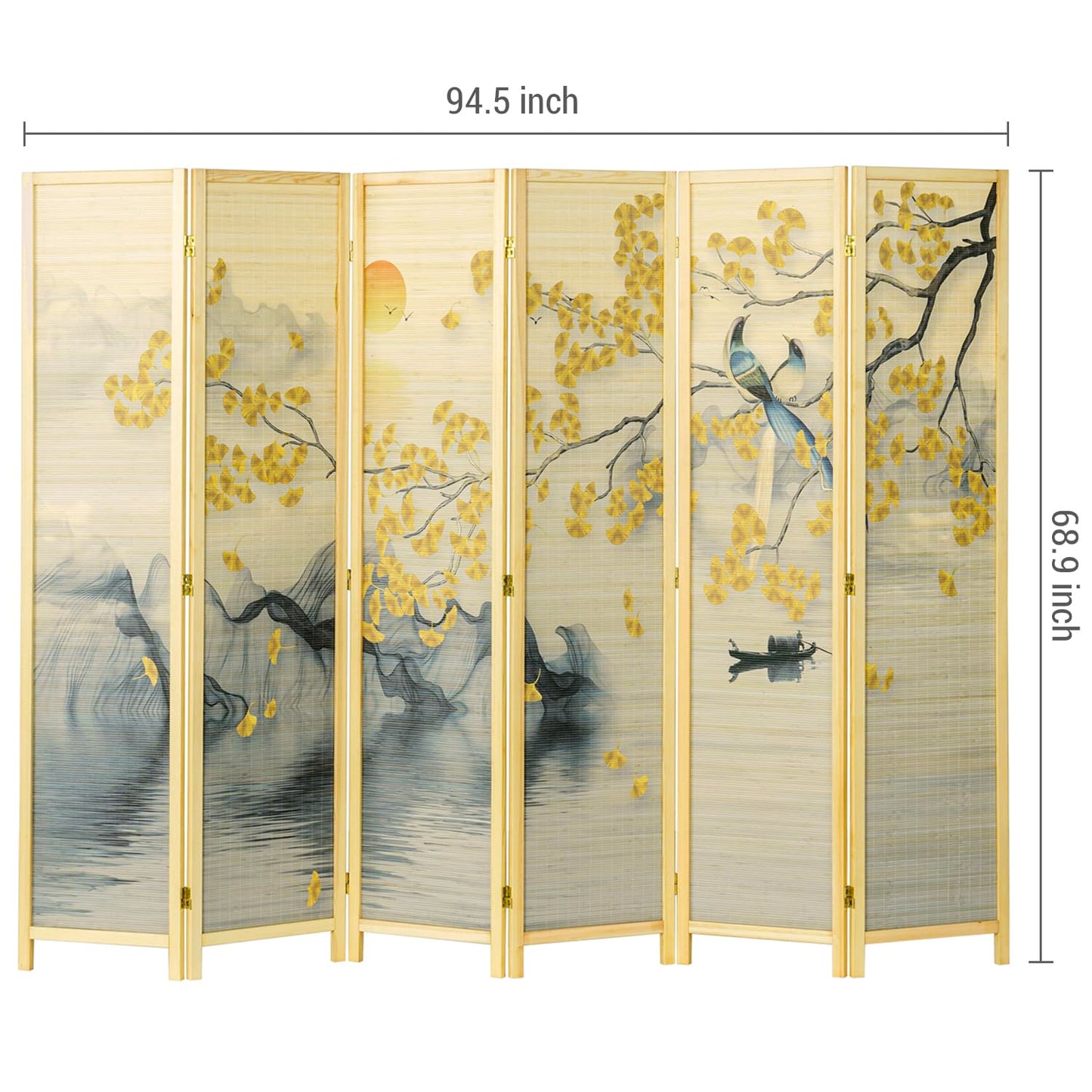MyGift 6 Panel Large Bamboo Room Divider with Dual Sided Asian Birds Gingko Biloba Tree Sunset Design Print, 6FT Freestanding Artwork Privacy Partition Folding Screen with Beige Solid Wood Frame