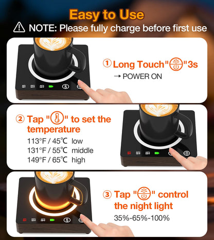 Mug Warmer, Cordless 180 Min Battery Life, 10000mAh Portable Charger, Wireless Coffee Cup Warmer for Desk, 3 Temp Settings, Smart Candle Heat Plate for Home, Office, Travel, Camping & Gifts for Men
