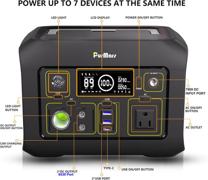 Purmars Portable Power Station 300W(Peak 500W),288Wh (90,000mAh) Solar Generator with 110V Pure Sine Wave AC Outlet,lifepo4 battery portable power bank for Outdoor Camping, Traveling,and Emergencies