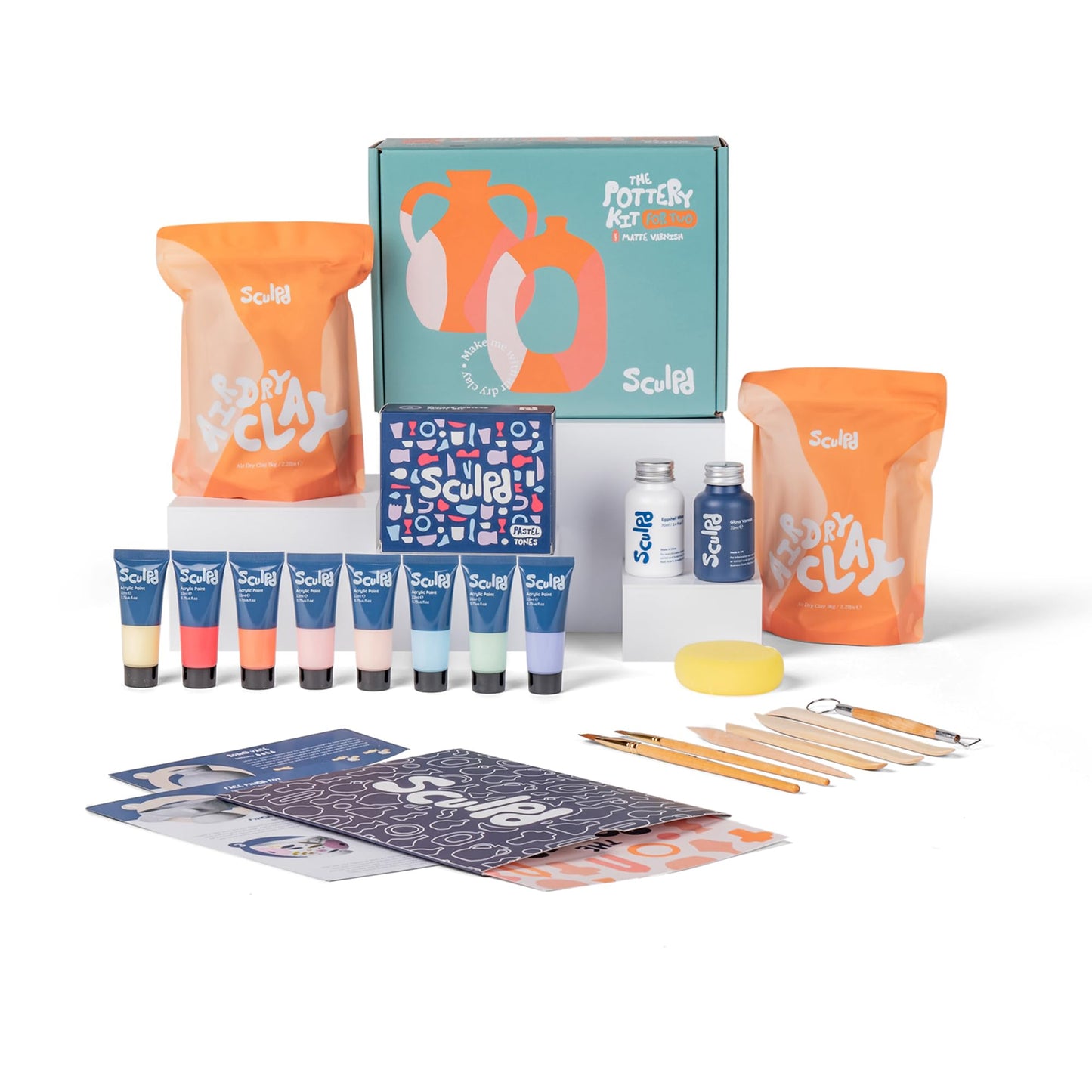 Sculpd - The Original Pottery Kit for Adults - Air Dry Clay for Adults, Tools, Varnish, Paints, Brushes, Couples Date Night Arts & Crafts Set, Gloss Varnish with Pastel Tones