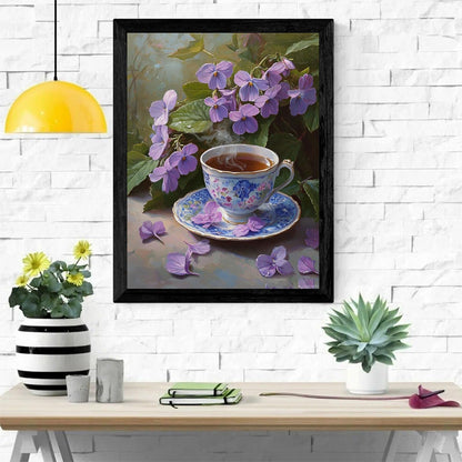 5D DIY Purple Violets Diamond Painting Kit, Tea Cup Flower Dot Painting Kits for Adults Office Home Decoration Living Room Bedroom Home Wall Decor Gift 12x16 INCH