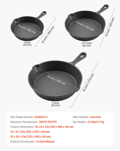 VEVOR Cast Iron Skillet, 3-Piece Frying Pan Set (6, 8, 10 in), Heavy-Duty Skillets with Heat-Resistant Handle, Pre-Seasoned Chef's Pan, Kitchen Cookware, for Oven, Gas, Electrical, Induction, Black