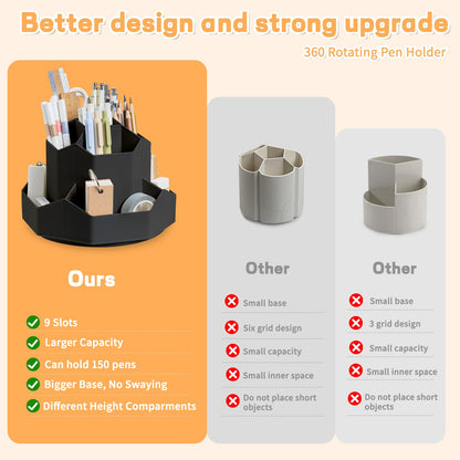 Cayxenful Pencil Pen Holder for Desk,9 Slots 360 Degree Rotating Desk Organizers,Desktop Storage Stationery Supplies Organizer, Cute Pencil Cup Pot For Office, School, Home(Black)