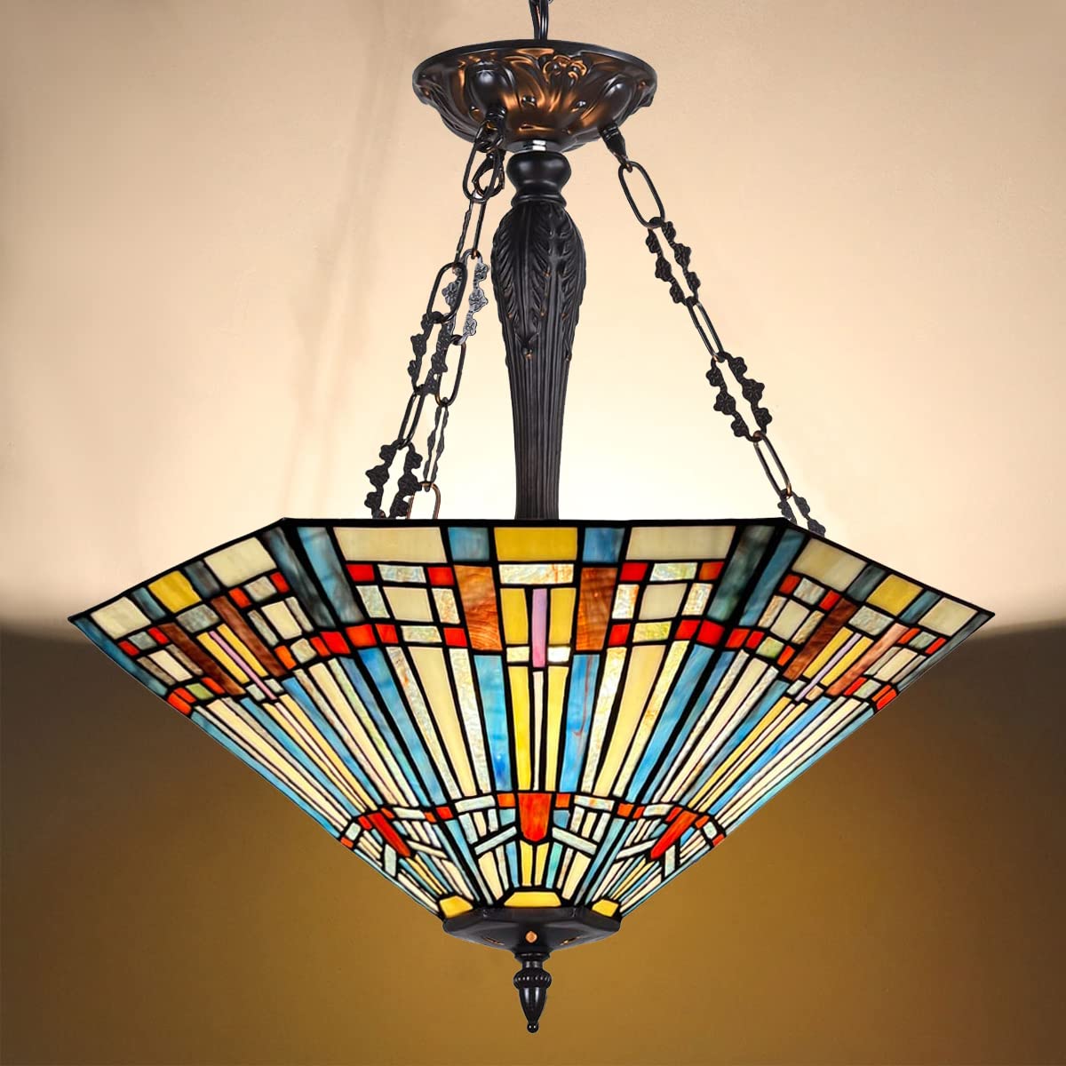 COTOSS Tiffany Pendant Light Fixtures,22" Wide Stained Glass Inverted Ceiling Pendant for Dining Room,Antique Style 3 Lights Hanging Lamp for Living Room Kitchen Entryway