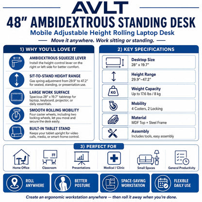 AVLT 48" Ambidextrous Standing Desk, Mobile Adjustable Height Rolling Laptop Desk, Folding Computer Projector Cart with Brake Casters, Portable White Desk for Home Office