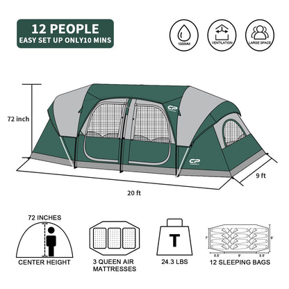 CAMPROS CP Tent 12-Person-Camping-Tents,3 Room Family Tents,Waterproof Windproof Family Tent with Top Rainfly,6 Large Mesh Windows,Double Layer,Easy Set Up, Portable with Carry Bag-20' x 9' x 72"(H)