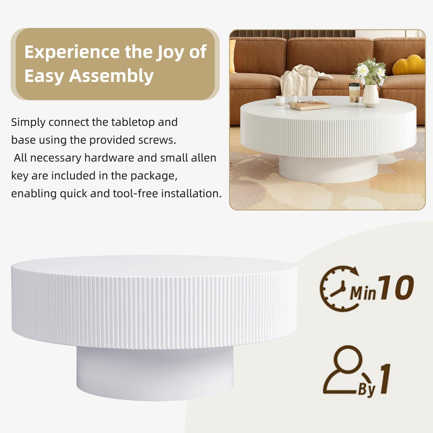 Merax Modern Round Coffee Table with Sturdy Base, Wood Sofa Center Tables for Living Room, Reception Room, Easy Assemble, White