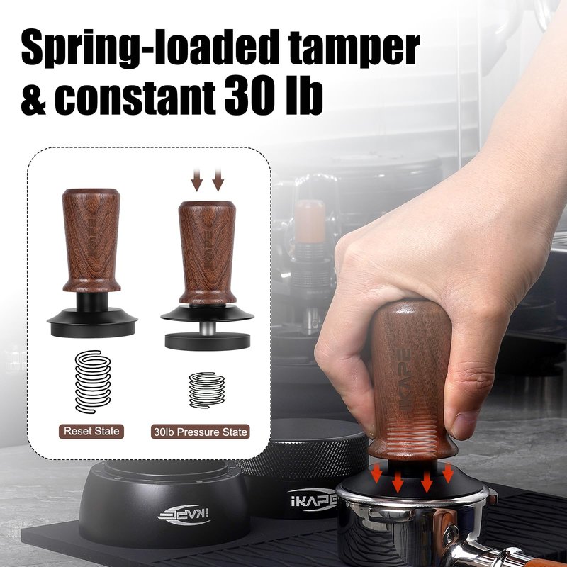 IKAPE 58.35mm Espresso Tamper, Spring-loaded Calibrated Tamper with Walnut Handle, Titanium Ripple Plating Base, Fits for Over 58mm Espresso Machine Bottomless Portafilter