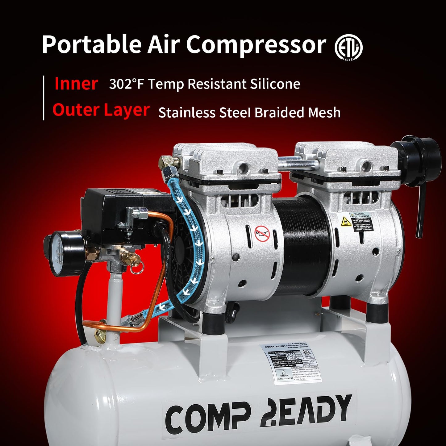 2 Gallon Portable Air Compressor 0.75HP 1.7 CFM@90PSI 60dB Ultra Quiet Oil Free Air Compressor Ideal for Tire Inflation Pneumatic Tool Spray Painting