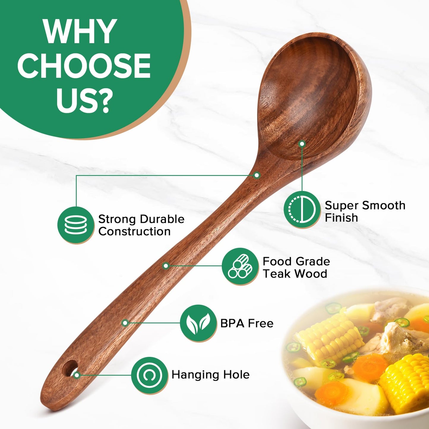 Wooden Soup Spoon for Cooking, Teak Acacia Soup Ladle, Non-Toxic Natural Wood Serving Spoon for Gravy Sauce Porridge, Long Handle Deep Scooper Server Utensil, No-Scratch Cookware Surface,10.6″
