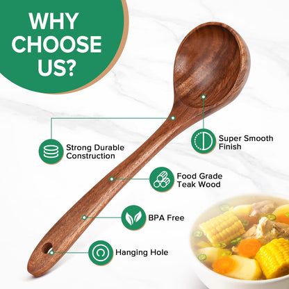 Wooden Spoons for Cooking,2 Pcs Wooden Utensil Set of Soup Ladle &Spaghetti Pasta Spoon with Teeth, Teak Wood Soup Ladle&Slotted Pasta Fork Strainer Spoon Set for Serving Collecting Noodle Gravy Sauce