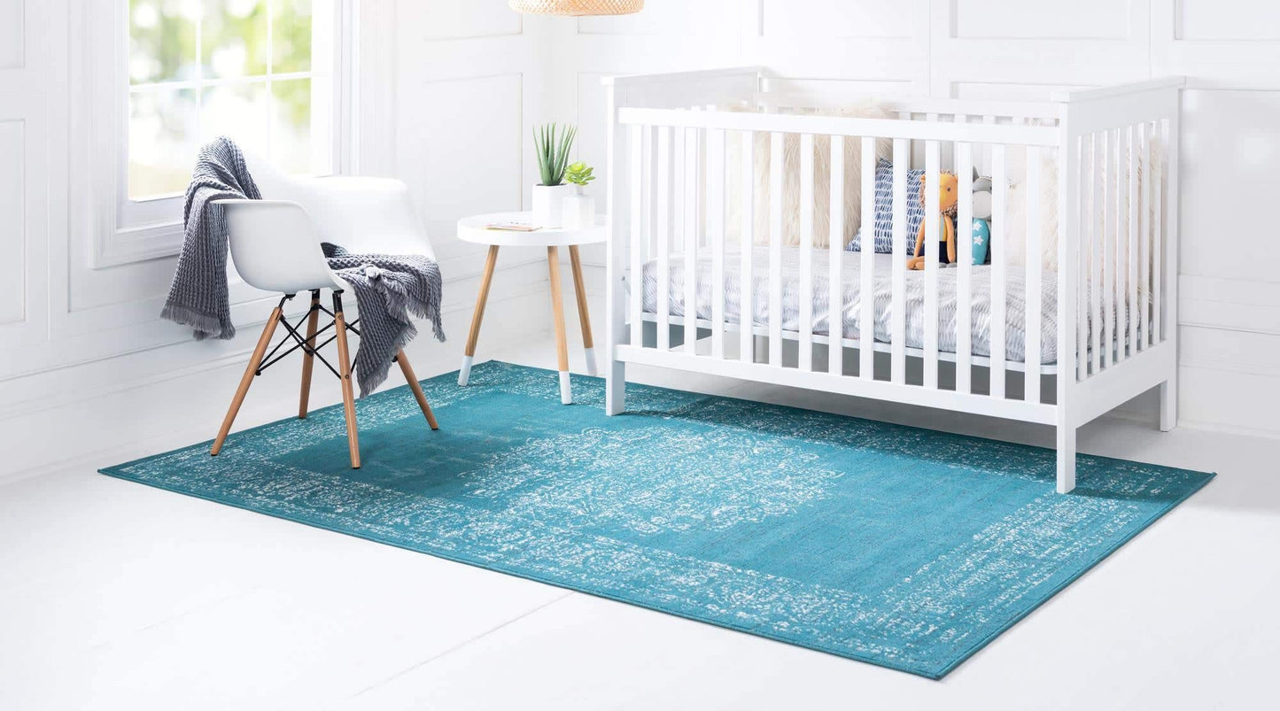Unique Loom Aarhus Collection Vintage Border Area Rug (10' 0 x 13' 0 Rectangular, Teal/Ivory)