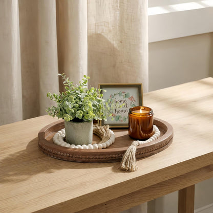 16" 11.8" 58" x Oval Wood Decorative Tray with Bead Garland, Farmhouse Coffee Table & Kitchen Island Dcor, Rustic Brown