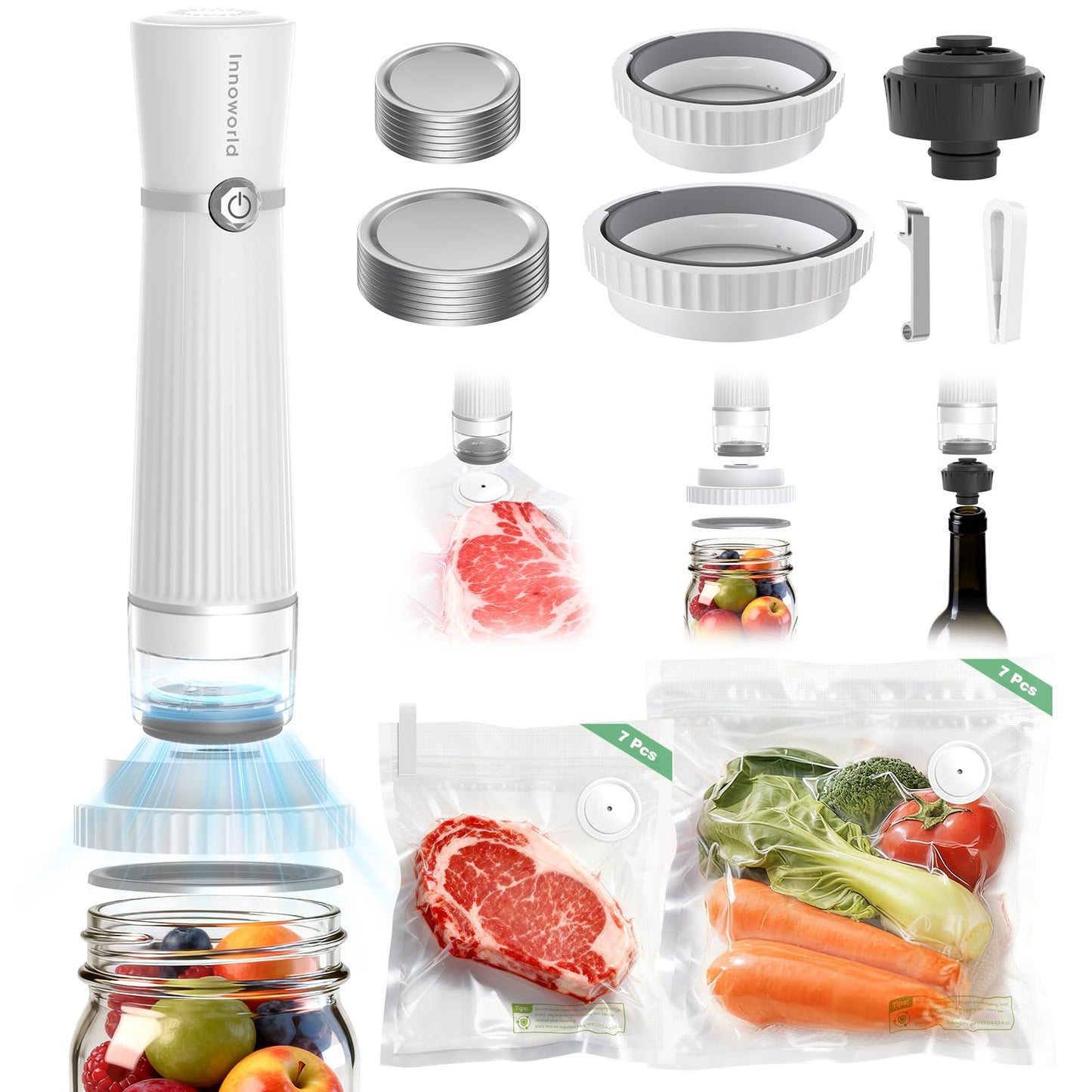 Innoworld 3-in-1 Vacuum Sealer for Food Compatible with Vacuum Bag, Mason Jar, Wine Bottle, Handheld Saver Compact Vacuum Sealer Machine with 14 Reusable Bags