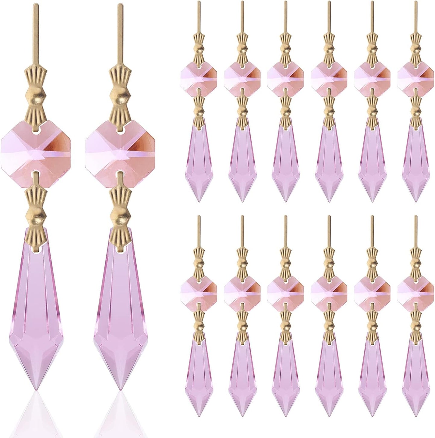 20pcs Pink Crystals Prisms Glass Tip Beads Replacement Chandelier Icicle Drop Pendants Octagon Crystal Beads Gold Pins