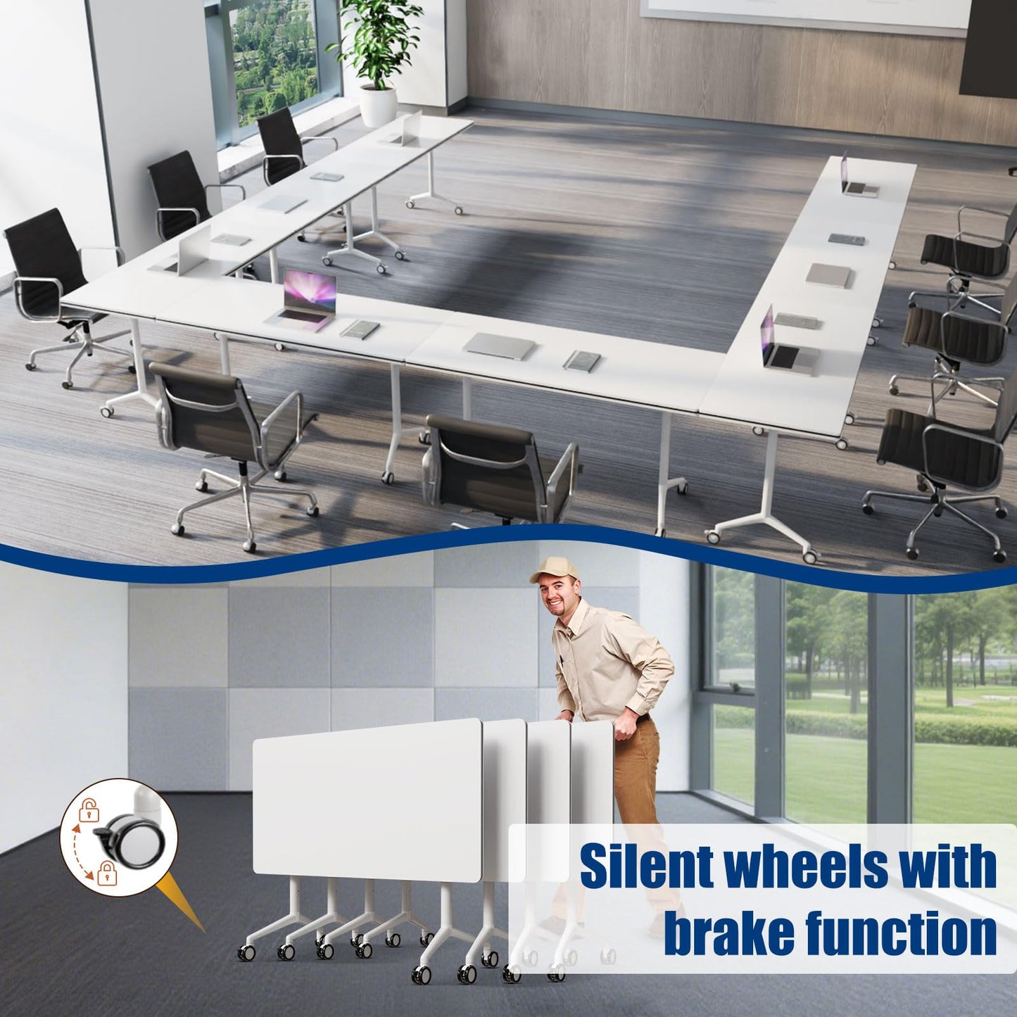 Modular Folding Conference Room Table with Wheels - 4 Pack Flip Top Mobile Training Table,Modern Meeting Tables 2-30 Person,White,55.1"x21.6"x29.5"