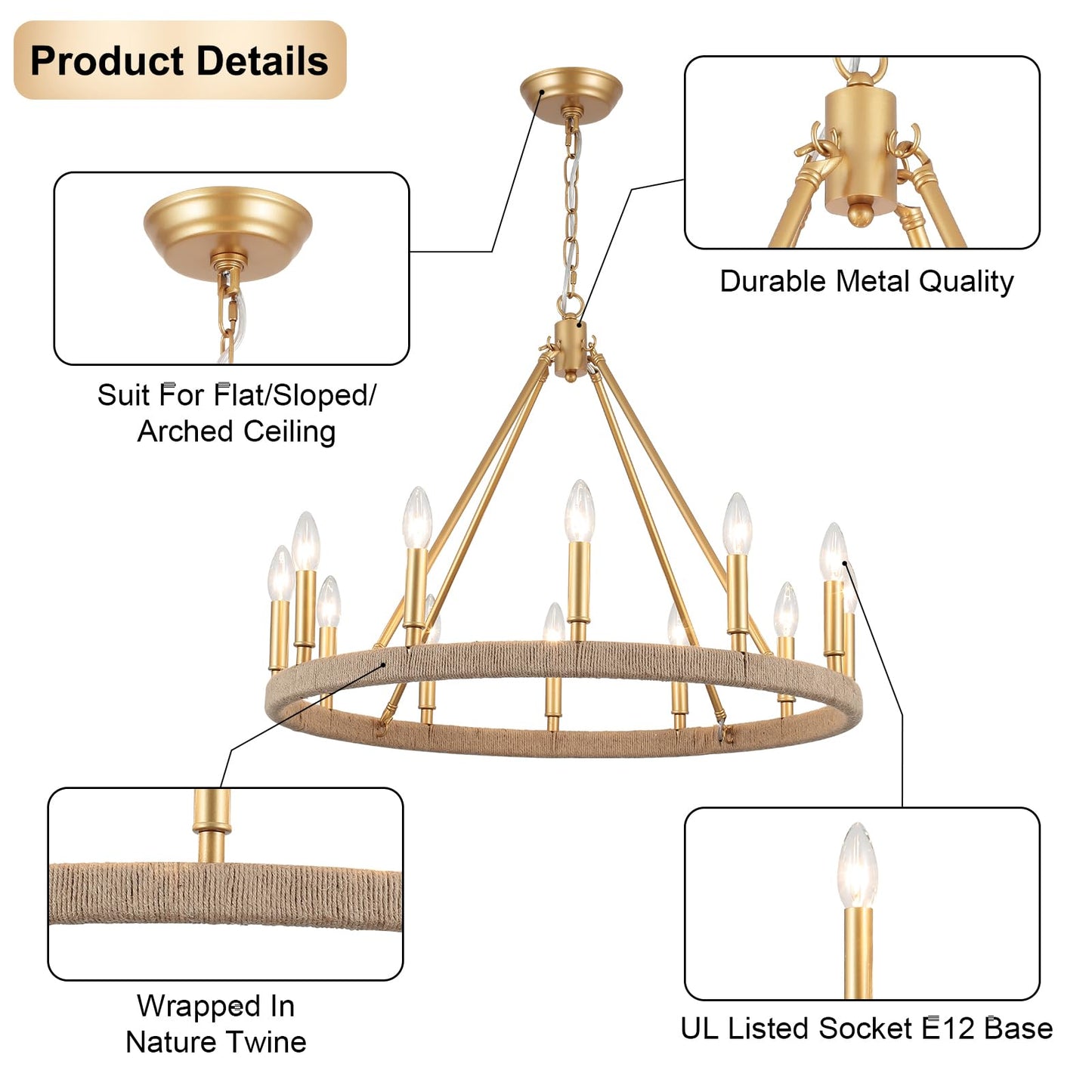 ZJVAIVE 12-Lights Gold Wagon Wheel Chandelier 26.77" Large Gold Farmhouse Chandelier Vintage Circle Light Fixture for Dining Room Kitchen Island Height Ceiling Living Room