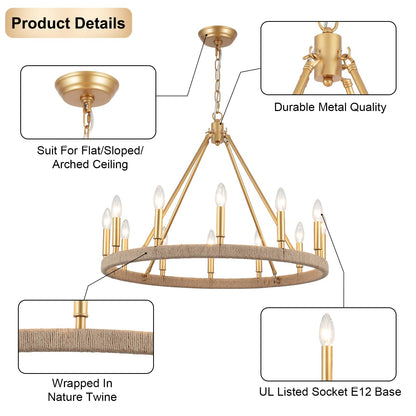 ZJVAIVE 12-Lights Gold Wagon Wheel Chandelier 26.77" Large Gold Farmhouse Chandelier Vintage Circle Light Fixture for Dining Room Kitchen Island Height Ceiling Living Room