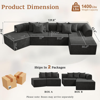 CACFTII 140" Oversized Boneless Couch, Curved Cloud Sectional Couch with L-Shape Chaise, Compressed Memory Foam Couch, Velvet Modular Sectional Sofa for Living Room, No Assembly Required, Black