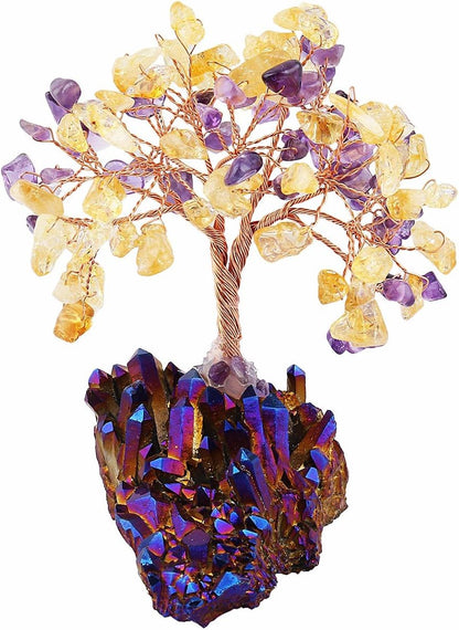 mookaitedecor Citrine & Amethyst Crystal Tree, Quartz Cluster Purple Titanium Crystals Base