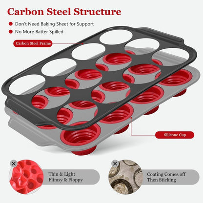 YiYeraio 12 Cups Silicone Muffin Pans for Baking with Metal Frame, Egg Bite Molds, Cupcake Pans Regular Size, Muffin Tins Easy to Pop Nonstick Non Toxic Bakeware for Oven Dishwasher Safe