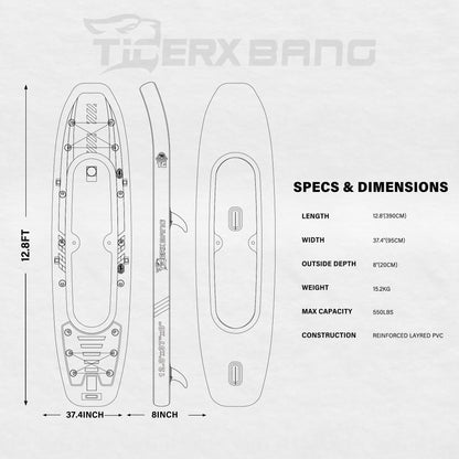 TIGERXBANG 12'8" Inflatable Tandem Kayak, Fishing & Touring, 2 Seats, Adjustable Paddle, Perfect for Family Adventures & Fishing, Includes Backpack & Repair Kit
