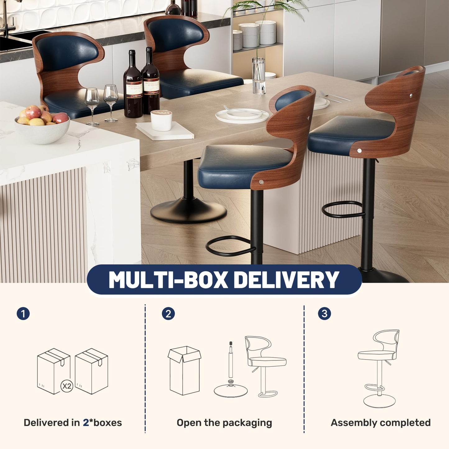 Daluvenix Bar Stools Set of 4 Adjustable Height Swivel Bar Stools Faux Leather Upholstered Bentwood Barstools with Back & Footrest Bar Chair for Dining Room Kitchen Blue