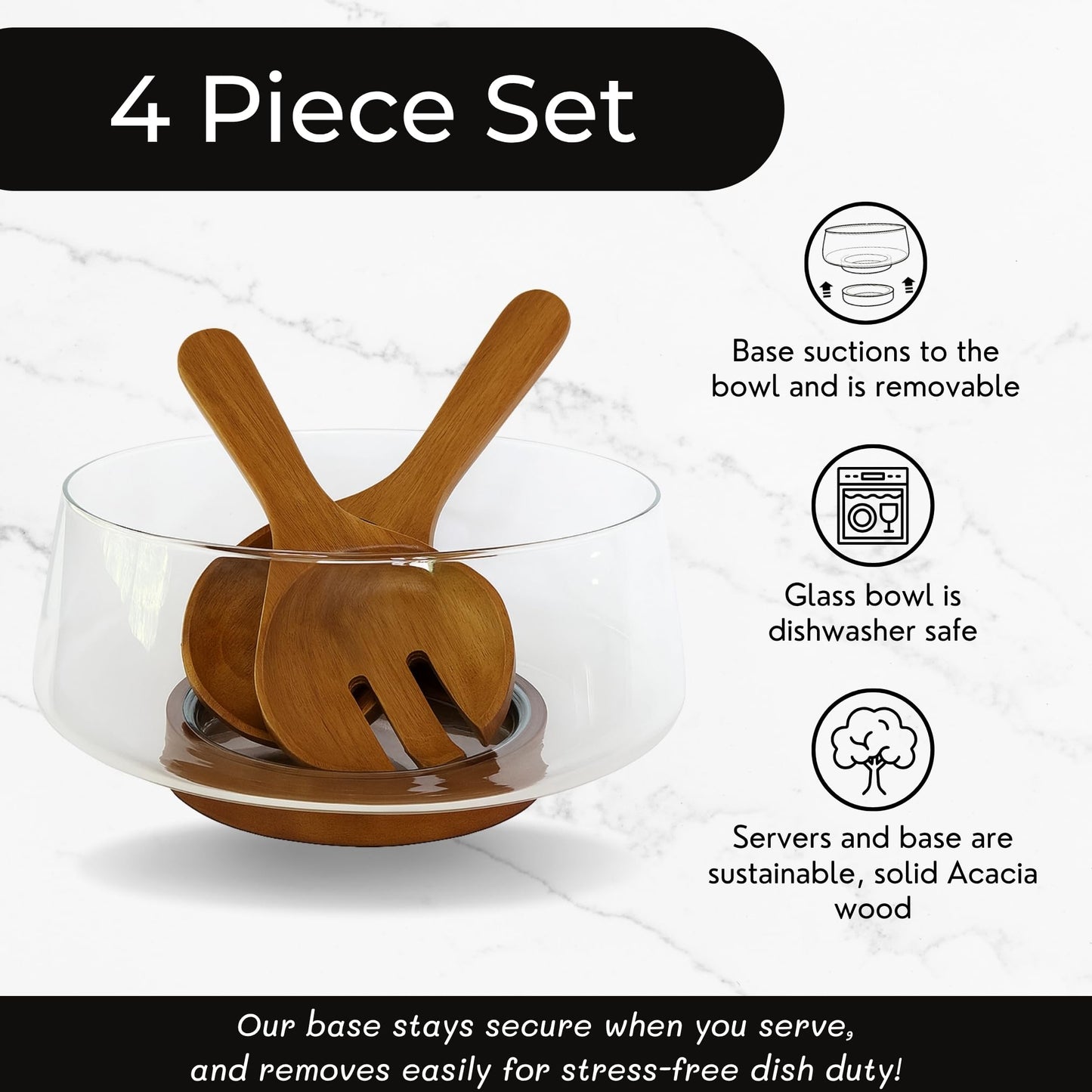 Large Glass Salad Bowl Set with Acacia Wood Base & Salad Servers – Elegant Serving Bowl for Salads, Pasta, Fruit & Snacks – Easy-Clean Modern Serveware, Perfect for Hosting & Housewarming Gifts
