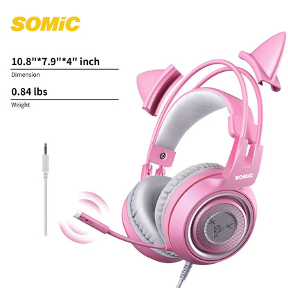 SOMIC G951s Pink Stereo Gaming Headset with Mic for PS4,Xbox,PC,Mobile Phone,3.5mm Noise Reduction Cat Ear Headphones Lightweight Over Ear Headphones for Woman