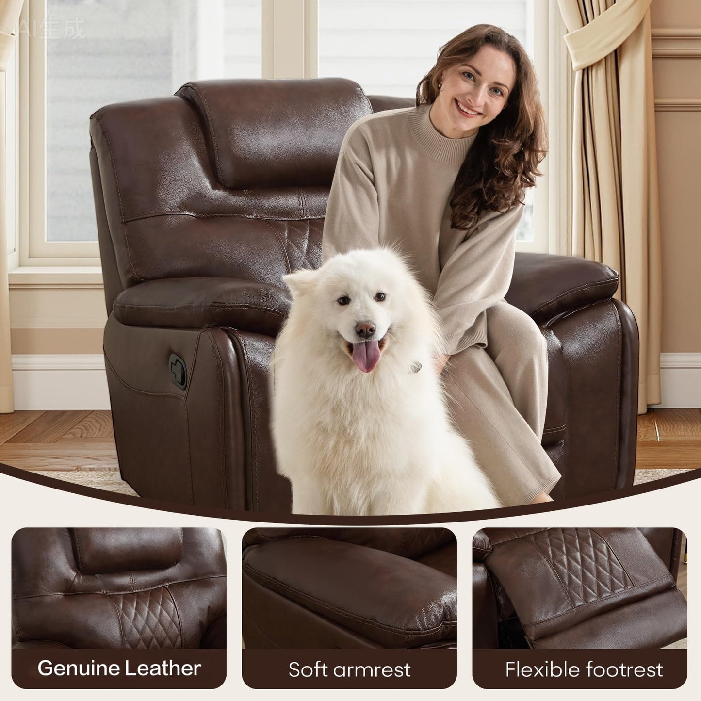 ANJ Genuine Leather Recliner Chair, Manual Reclining Chair with Ergonomic Design, Oversized Single Sofa Recliner with Soft Armrest and Flexible Footrest for Living Room,Red Brown